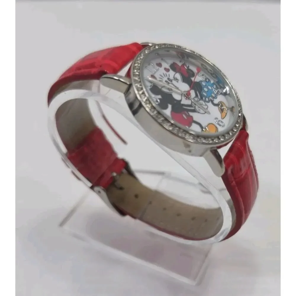 Disney Mickey and Minnie Kissing Watch Jeweled Bezel MCK1268 New Battery W253